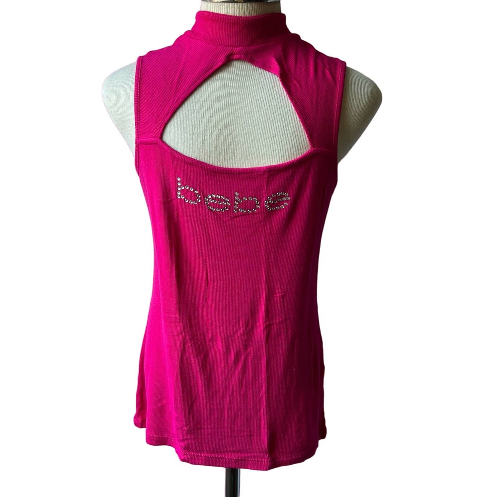Vintage Bebe Rhinestone Dark Pink Logo Top Size Medium - Picture 1 of 8